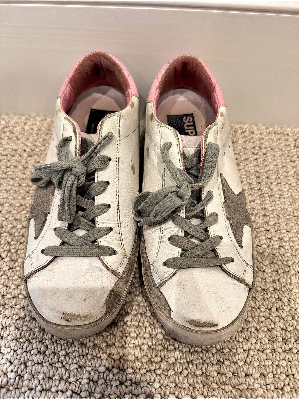 Golden Goose Super-Star Sneakers in White Leather with Pink Heel White Leather